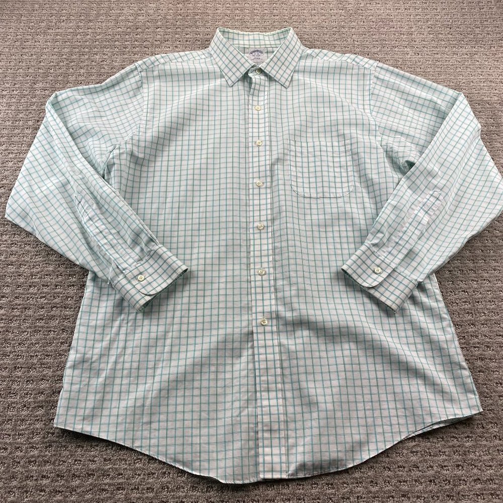 Brooks Brothers Slim Fit Shirt Men 17 - 35 White Green Checkered Polo Non-Iron